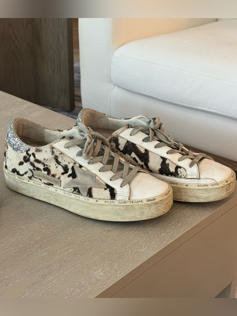Golden Goose Cowhide White & Grey Glitter Heel Hi Star Sneakers